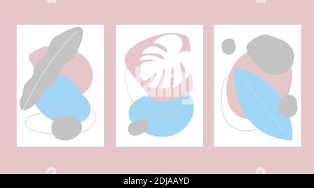 Set di poster con forme astratte e foglie Illustrazione Vettoriale