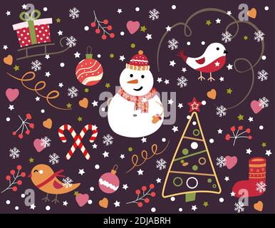 Modello vettoriale senza giunture con fiocchi di neve. Pupazzo di neve, rollfinch, albero di Natale, giocattoli di Natale su sfondo scuro. Può essere utilizzato per le carte di Natale o w Illustrazione Vettoriale