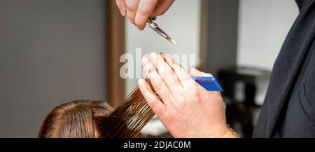 Primo piano delle mani maschili del parrucchiere taglia i capelli femminili in un salone di parrucchiere. Messa a fuoco selettiva Foto Stock