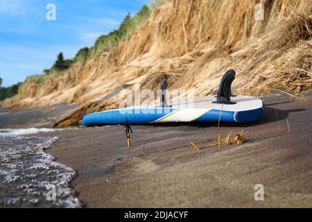 Tavola sup blu e bianca che giace sulla riva con pinne nere in su. Gocce d'acqua sulla scrivania. Schiuma sulla sabbia. Stati Uniti, Michigan, Olanda Foto Stock