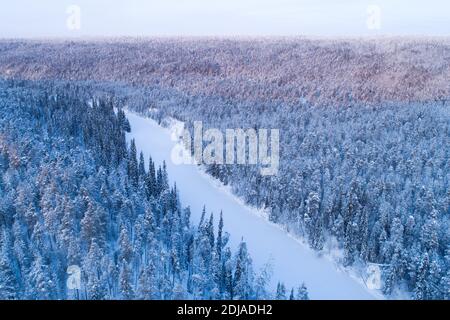 Valle del fiume coperta di neve e ghiaccio circondata da una foresta di taiga invernale nel Parco Nazionale di Oulanka, natura finlandese. Foto Stock