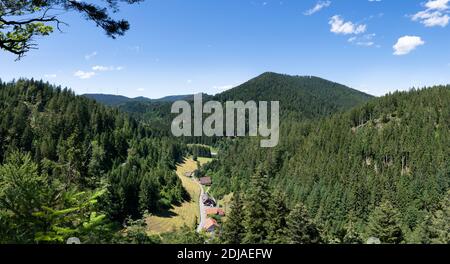 Vista da Burgbachfelsen vicino a Bad Rippoldsau nella Foresta Nera, Germania Foto Stock