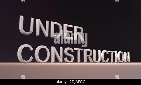 Rendering 3D delle parole in costruzione. Iscrizione su sfondo nero, un angolo interessante. Foto Stock