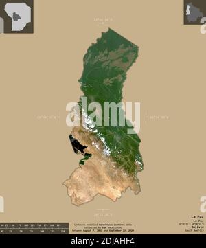La Paz, dipartimento della Bolivia. Immagini satellitari Sentinel-2. Forma isolata su fondo solido con sovrapposizioni informative. Contiene Copernicu modificato Foto Stock