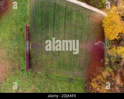 Top down tiro drone aereo di campo vuoto di calcio erba parco giochi in autunno con alberi colorati fogliame in pubblico parcheggio Foto Stock