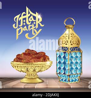 Lanterna araba e classica ciotola di datteri su tavola di legno. ramadan iftar party food. illustrazione vettoriale 3d realistica Illustrazione Vettoriale
