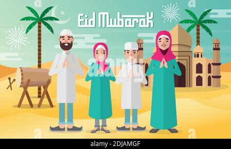 Biglietto d'auguri EID Mubarak in stile piatto, illustrazione vettoriale con il carattere della famiglia musulmana con moschea, tamburi e palme sullo sfondo Illustrazione Vettoriale