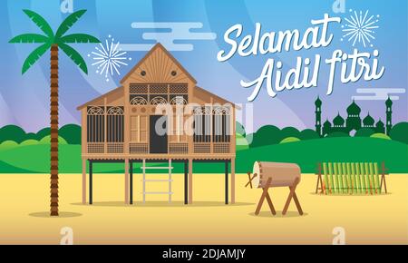 Selamat hari raya aidil fitri biglietto d'auguri in stile piatto illustrazione vettoriale con tradizionale villaggio malese casa / Kampung, moschea, tamburo e lamang Illustrazione Vettoriale