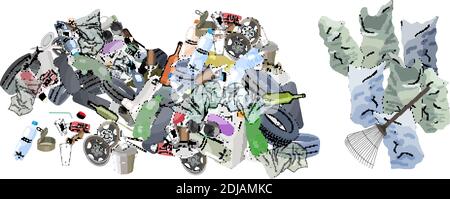 Mucchio di rifiuti, sacchi di spazzatura e rastrello. Il concetto di ecologia e la Giornata Mondiale della pulizia. Illustrazione Vettoriale