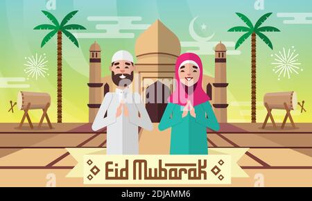 Biglietto d'auguri EID Mubarak in stile piatto illustrazione vettoriale con il carattere di coppia musulmana, moschea, tamburo e deserto Illustrazione Vettoriale