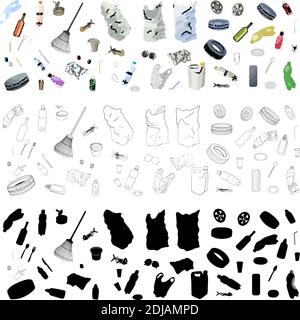 Set di rifiuti, utensili in plastica, cannucce in plastica, sacchetti e rifiuti. Illustrazione vettoriale. Isolamento del contorno tracciato a mano su sfondo bianco. Illustrazione Vettoriale