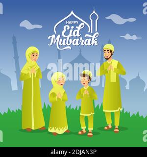 Biglietto d'auguri EID mubarak. Cartoon famiglia musulmana che celebra Eid al fitr con la moschea come sfondo. Illustrazione vettoriale Illustrazione Vettoriale