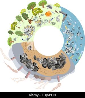 Modello inquinamento ambientale. Fabbrica con fumo che esce dai camini. Contaminazione delle acque reflue industriali. Disastro ambientale di plastica deb Illustrazione Vettoriale