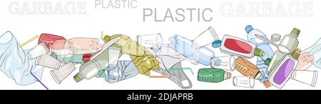 Bordo senza giunture con rifiuti di plastica selezionati isolati su bianco. Raccolta di schemi con detriti separati. Pesca a mano raccolta di rifiuti. Concetto di Illustrazione Vettoriale