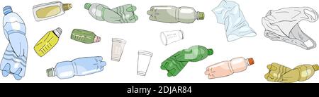 Set di rifiuti di plastica selezionati isolati su bianco. Modello vettoriale. Pesca a mano raccolta di rifiuti. Concetto di ricicla Day, World Cleanup Day ed ecologia Illustrazione Vettoriale