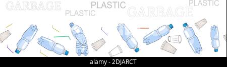 Bordo senza giunture con rifiuti di plastica selezionati isolati su bianco. Raccolta di schemi con detriti separati. Pesca a mano raccolta di rifiuti. Concetto di Illustrazione Vettoriale