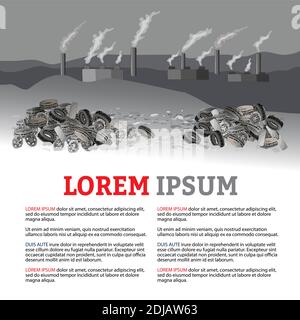 Composizione dell'inquinamento ambientale. Fabbrica con fumo che esce dai camini. Illustrazione vettoriale disegnata a mano. Concetto di ecologia Illustrazione Vettoriale