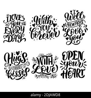 Composizione scritta disegnata a mano per giorno di valentine. Per la progettazione di cartoline, poster, striscioni, stampe per t-shirt, tazze, cuscini, notebook Illustrazione Vettoriale