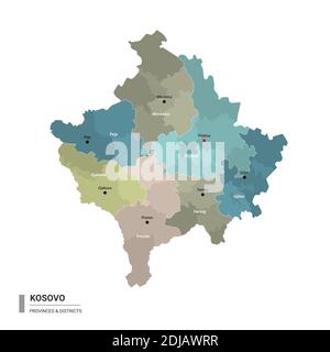 Kosovo ha una mappa dettagliata con suddivisioni. Mappa amministrativa del Kosovo con il nome dei distretti e delle città, colorata per stati e distretto amministrativo Illustrazione Vettoriale