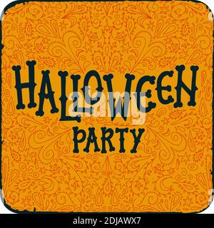 Festa notturna di Halloween. Carta vintage con testo Halloween party su sfondo arancione modello. Biglietto di invito per la festa di Halloween, volantino. Ossa Halloween pa Illustrazione Vettoriale