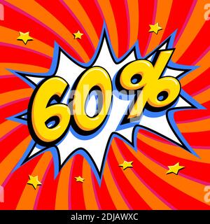60% di sconto. Sessanta per cento 60% di sconto sulla vendita su sfondo rosso contorto. Fumetti pop-art stile forma a bang. Banner di vendita stagionale. Sconti sui prezzi in calo. Vettore Illustrazione Vettoriale