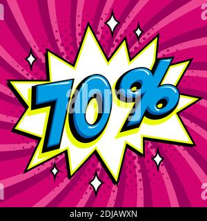 70% di sconto. Settanta per cento 70% di sconto sulla vendita su sfondo rosa contorto. Fumetti pop-art stile forma a bang. Banner di vendita stagionale. Sconti sui prezzi in calo. VEC Illustrazione Vettoriale