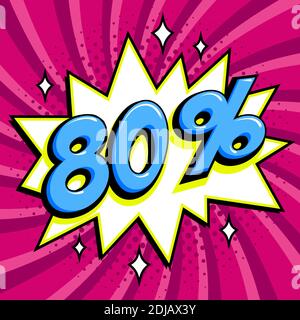 80% di sconto. Ottanta per cento di sconto sulla vendita su sfondo rosa contorto. Fumetti pop-art stile forma a bang. Banner di vendita stagionale. Sconti sui prezzi in calo. Vettore i Illustrazione Vettoriale