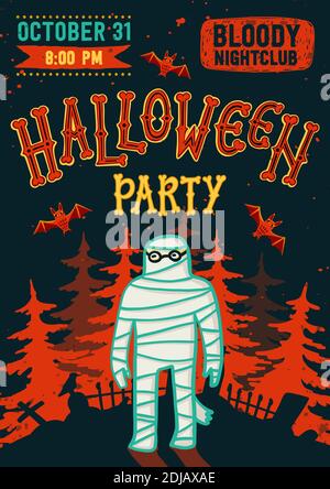 Invito al party notturno di Halloween. Poster vintage con mummia. Modello vettore. Biglietto di invito per la festa di Halloween. Halloween volantino con testo Halloween Illustrazione Vettoriale