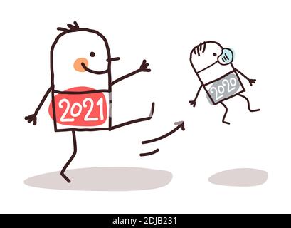 Mano disegnata Cartoon Big 2021 uomo Kicking out un piccolo 2020 con maschera Illustrazione Vettoriale