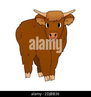 Carino Cartoon isolato piccolo toro highland mucca marrone è in piedi a terra su sfondo bianco Illustrazione Vettoriale