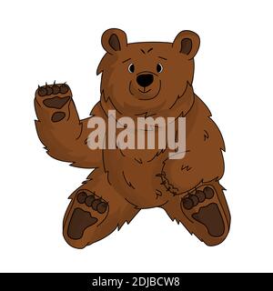 L'orso felice bruno disegnato a mano isolato grizzly sta ondeggiando la mano e si siede su sfondo bianco Illustrazione Vettoriale