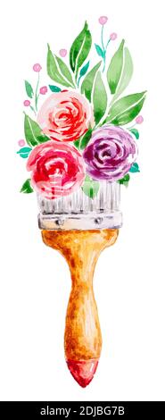 Acquerello Illustrazione della vernice e dei fiori di pennello. Composizione disegnata a mano in colori pastello. Foto Stock