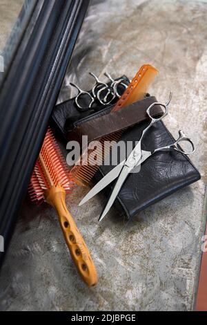 Strumenti professionali per l'acconciatura: Pettine, spazzola, forbici e custodia in pelle su uno scaffale davanti allo specchio Foto Stock