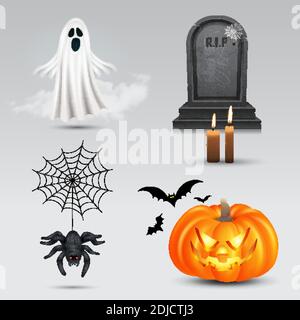 Halloween vettore insieme con zucca, fantasma volante, lapide e ragno isolato su sfondo bianco. Illustrazione Vettoriale