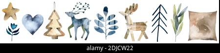 Acquerello collezione oggetti di Natale con cono di pino, pupazzo di neve, corona. Illustrazione per icona, logo, adesivo, stampabile Foto Stock
