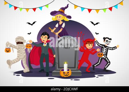 Buon sfondo di halloween. I bambini vestiti con il costume di halloween per andare a scherzare o a fare un regalo Illustrazione Vettoriale