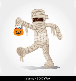 Carino ragazzo cartoon in costume mummy con una borsa di zucca per dolci trucco o trattare isolato su sfondo bianco Illustrazione Vettoriale
