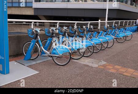 Sistema di condivisione bici: Mobi by Shaw Go. Vancouver, British Columbia, Canada.18.08.2019. Foto Stock