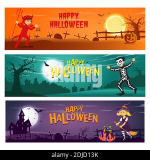 set di tre banner orizzontali di halloween con testo e cartoon personaggio bambini in costume halloween Illustrazione Vettoriale
