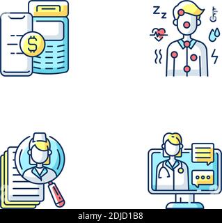 Set di icone a colori RGB del servizio di terapia online Illustrazione Vettoriale