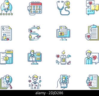 Set di icone colore RGB per l'applicazione medica online Illustrazione Vettoriale