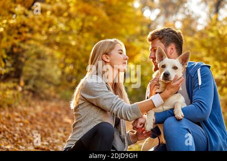 coppia godetevi il tempo con il cane nella foresta d'autunno, l'uomo felice e la donna sono amici con un bel cane, durante l'autunno all'aperto Foto Stock