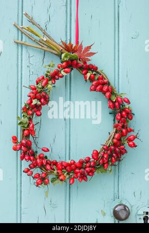 Corona di rosehip fatta in casa in autunno appesa su una porta di legno. REGNO UNITO Foto Stock