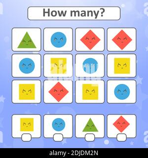 Gioco per bambini in età prescolare. Contare tutte le forme geometriche nell'immagine e annotare il risultato. Con un posto per le risposte. Semplice piatto isolato v Illustrazione Vettoriale