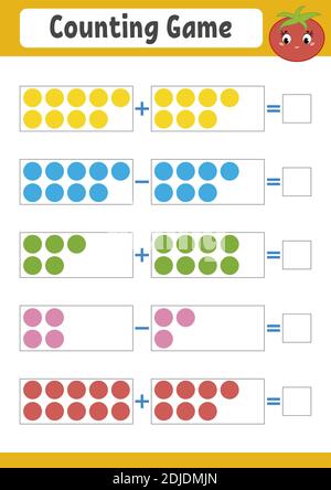 Conteggio del gioco per i preschoolers. Gioco matematico educativo su addizione e sottrazione. Foglio di lavoro attivo per bambini. Illustrazione del vettore luminoso. Illustrazione Vettoriale