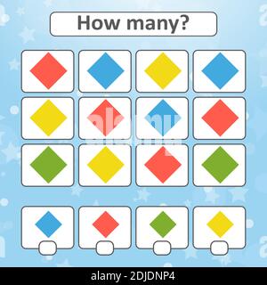 Gioco per bambini in età prescolare. Contare tutte le forme geometriche nell'immagine e annotare il risultato. Con un posto per le risposte. Semplice piatto isolato v Illustrazione Vettoriale