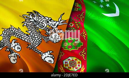 Bandiere del Bhutan e del Turkmenistan. Progettazione di bandiere ondulate 3D. Bandiera, foto, sfondo del Turkmenistan del Bhutan. Immagine Bhutan vs Turkmenistan,rendering 3D. Bhutan Foto Stock