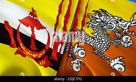 Bandiere del Brunei e del Bhutan con concetto di cicatrice. Flag di ondulazione, rendering 3D. Concetto di conflitto tra Brunei e Bhutan. Brunei Bhutan relazioni concetto. Bandiera di Brun Foto Stock