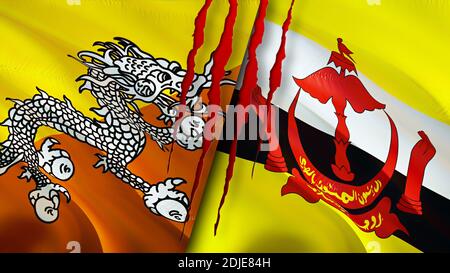 Bandiere del Bhutan e del Brunei con concetto di cicatrice. Flag di ondulazione, rendering 3D. Bhutan e Brunei concetto di conflitto. Bhutan Brunei relazioni concetto. Bandiera di Bhut Foto Stock