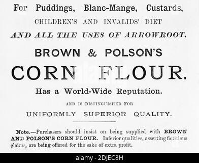 Old Victorian stampato Brown & Polson pubblicità alimentare dal 1886, nei giorni precedenti gli standard pubblicitari. Pubblicità di vecchi alimenti, storia di pubblicità. Foto Stock